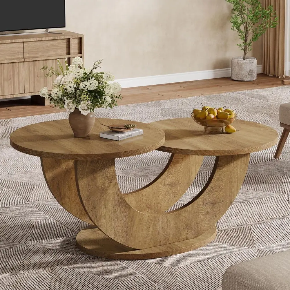

Modern 46 Round Oak Coffee Table with U-Frame, Funky Centerpiece for Living Rooms