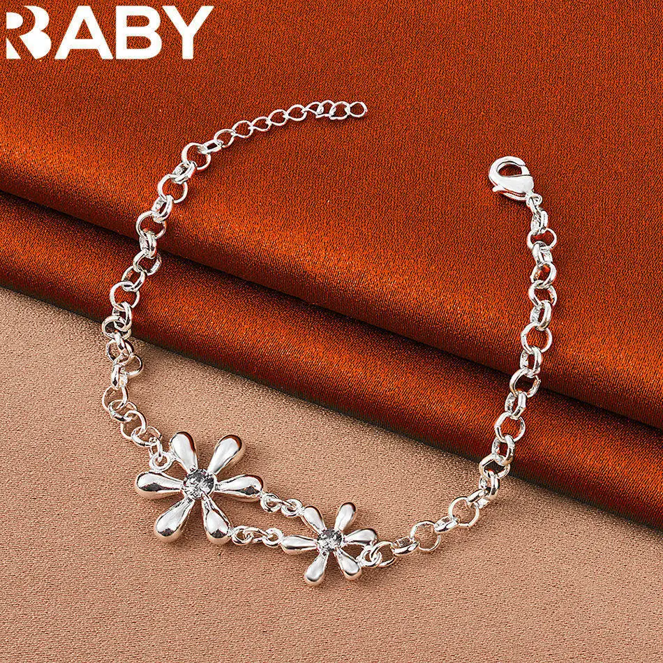 

URBABY 925 Sterling Silver Double Flower Zircon Chain Bracelet For Women Fashion Jewelry Classic Charm Party Birthday Gift