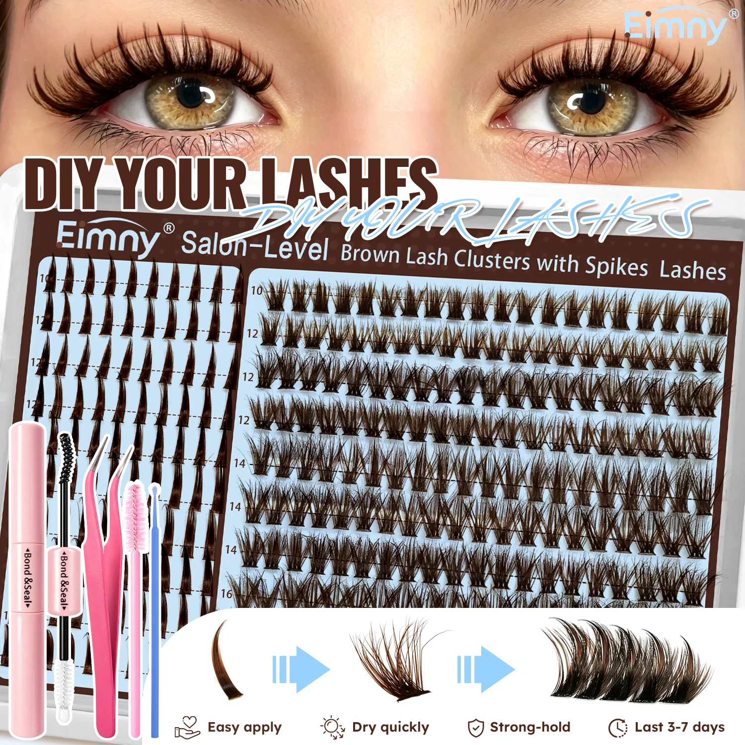 EIMNY Brown 50D Spike Cluster Lash Set, Create Natural Or Manga Eye Styles, Ideal For Blonde, Brown, Red Hair Shades