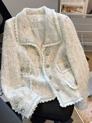 Zoki Love Buttons Tweed Jacket Women Vintage Patchwork Sweet Coat Korean Long Sleeve Turn Down Collar Female Design Retro Tops