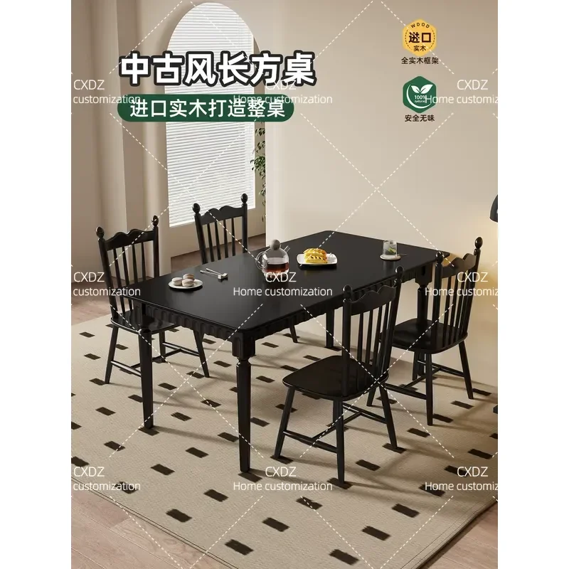 Black Retro Dining Table and Chairs Walnut Solid Wood Rectangular Table for Small Apartment Nordic Style Household Furniture