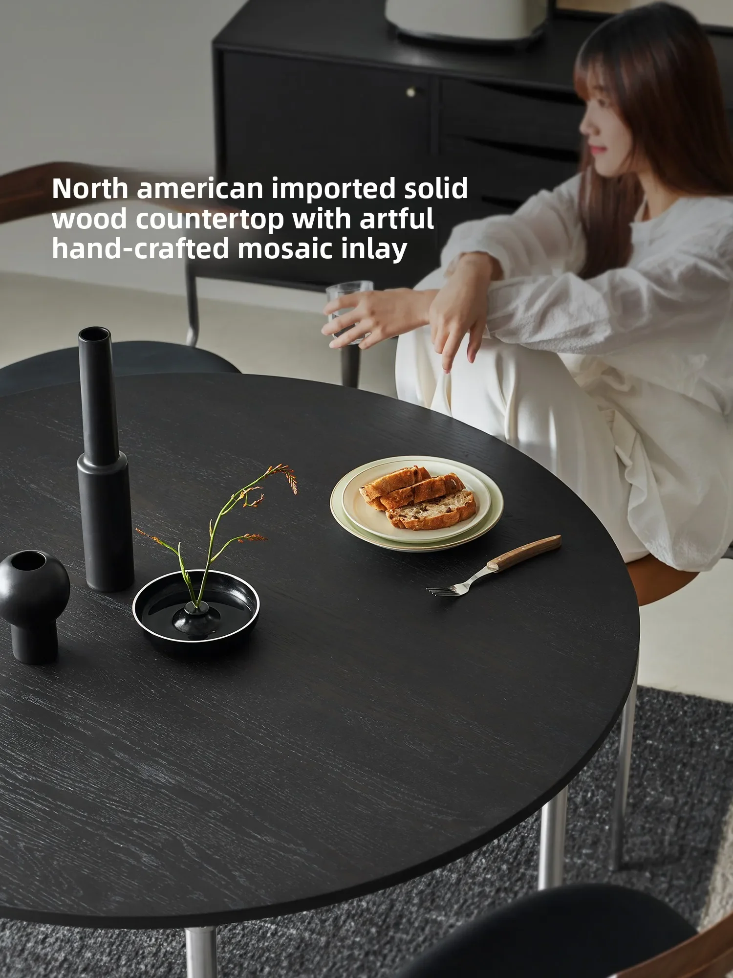 Wind chime round dining table wabi wind living room black solid wood minimalist designer round minimalist table