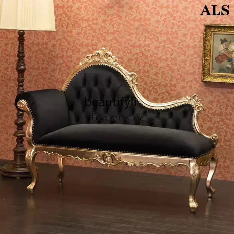 European solid wood carving flower fabric pull button princess chair luxury villa French living room, sofa recliner