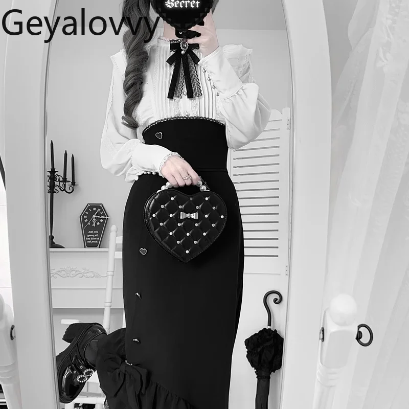 قميص بناتي جميل على الطراز الياباني الأصلي بأكمام طويلة وياقة واقفة وربطة عنق عالية الخصر وتنورة حورية البحر الطويلة للتخسيس