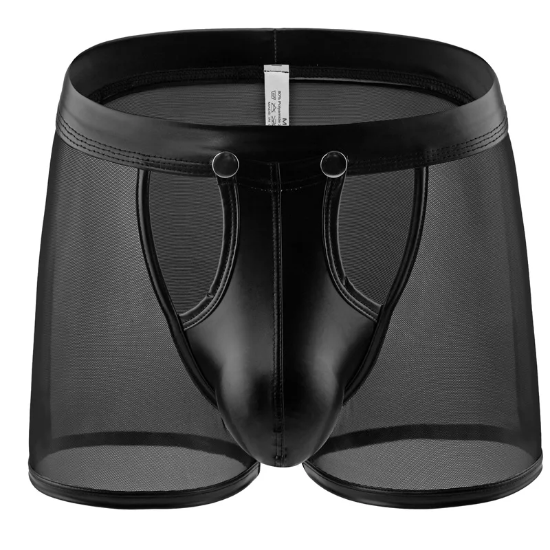 

Sexy Underwear Mens Boxer Shorts Transparent Mesh Panties Man Breathable Detachable Buckle Faux Leather Pouch Underpants M-XXL