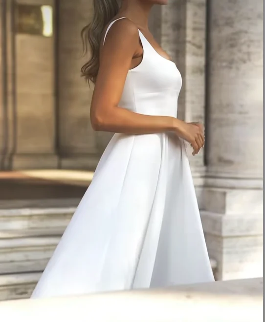 Hochzeitskleid, individuell anpassbar, quadratischer Kragen, A-Linie für Damen, atemberaubende, rückenfreie Brautkleider aus Satin, ärmellos, schlicht und elegant