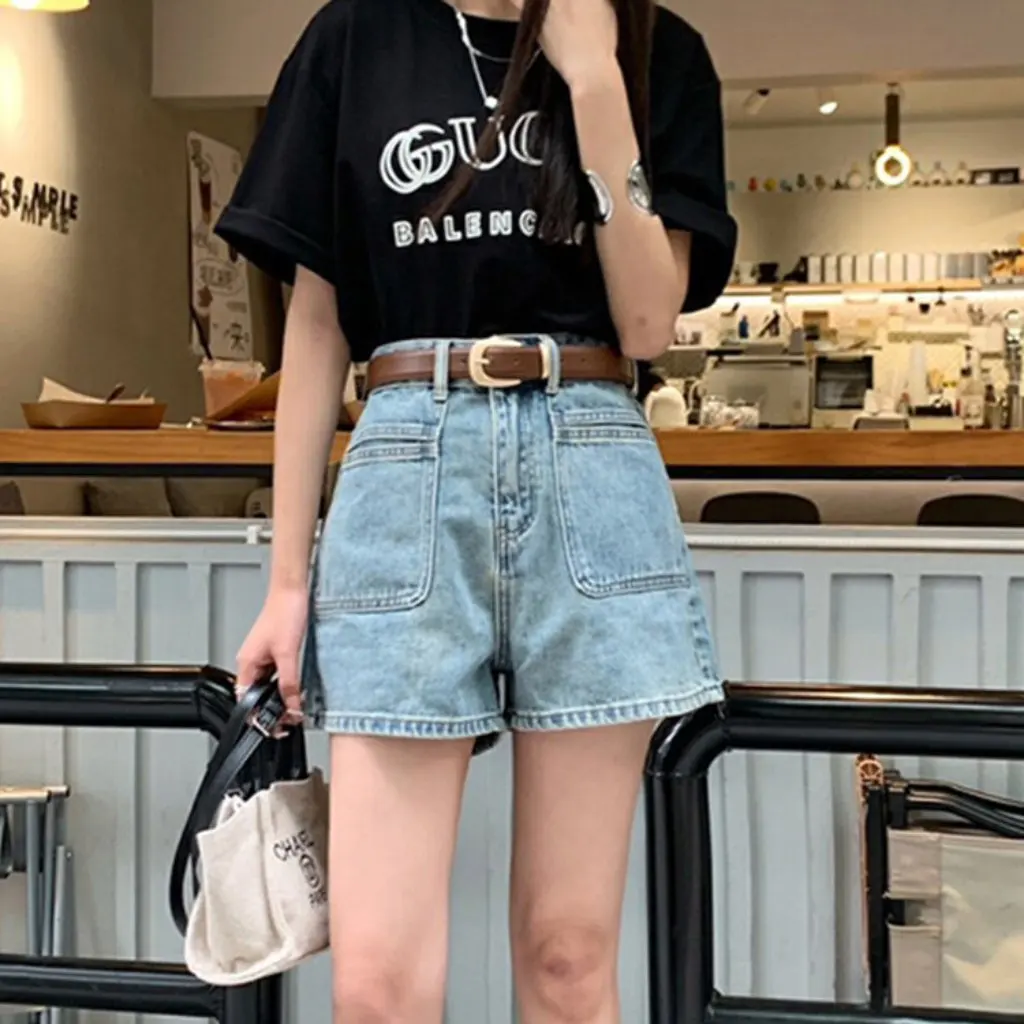 

Summer Denim Shorts for Women High Waist Slim Fit Wide Leg Four-Way Stretch A-Line Hot Pants Commuting Temperament Style