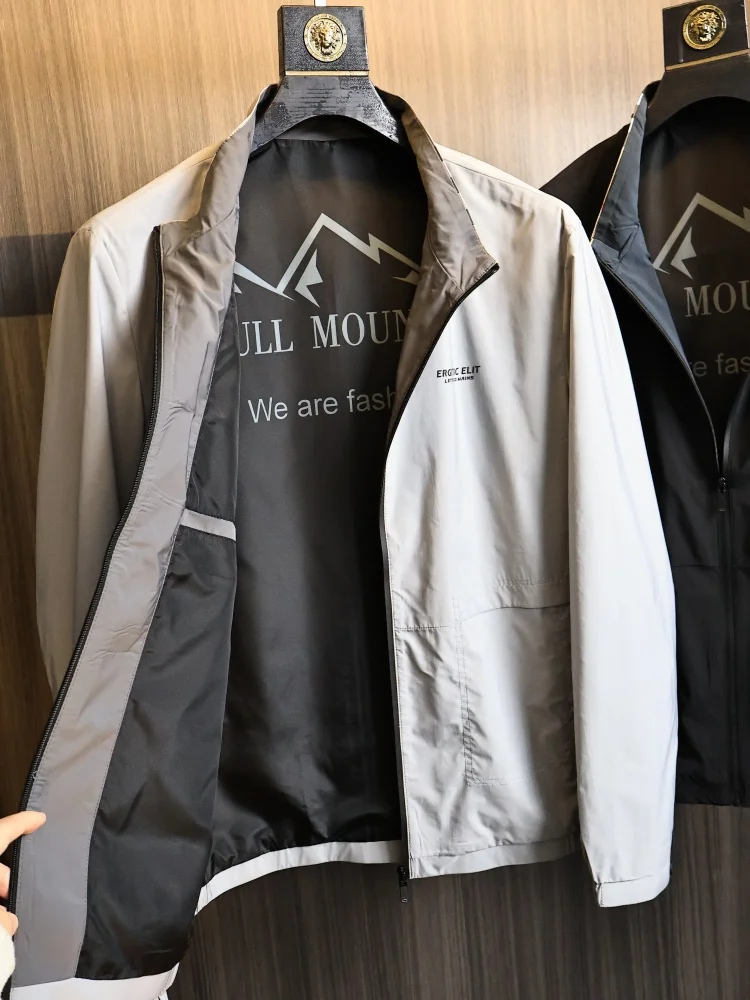 Double-Sided Wearable Stylish Men's Spring Jacket Stand Collar Casual Fashionable Standard Fit Polyester Fiber Long Sleeve Zi...