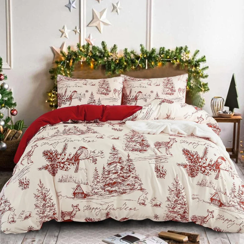 3-piece Set Of Red Countryside Christmas bedding, Holiday Decoration Soft Microfiber Duvet Cover And 2 Zippered Pillowcases