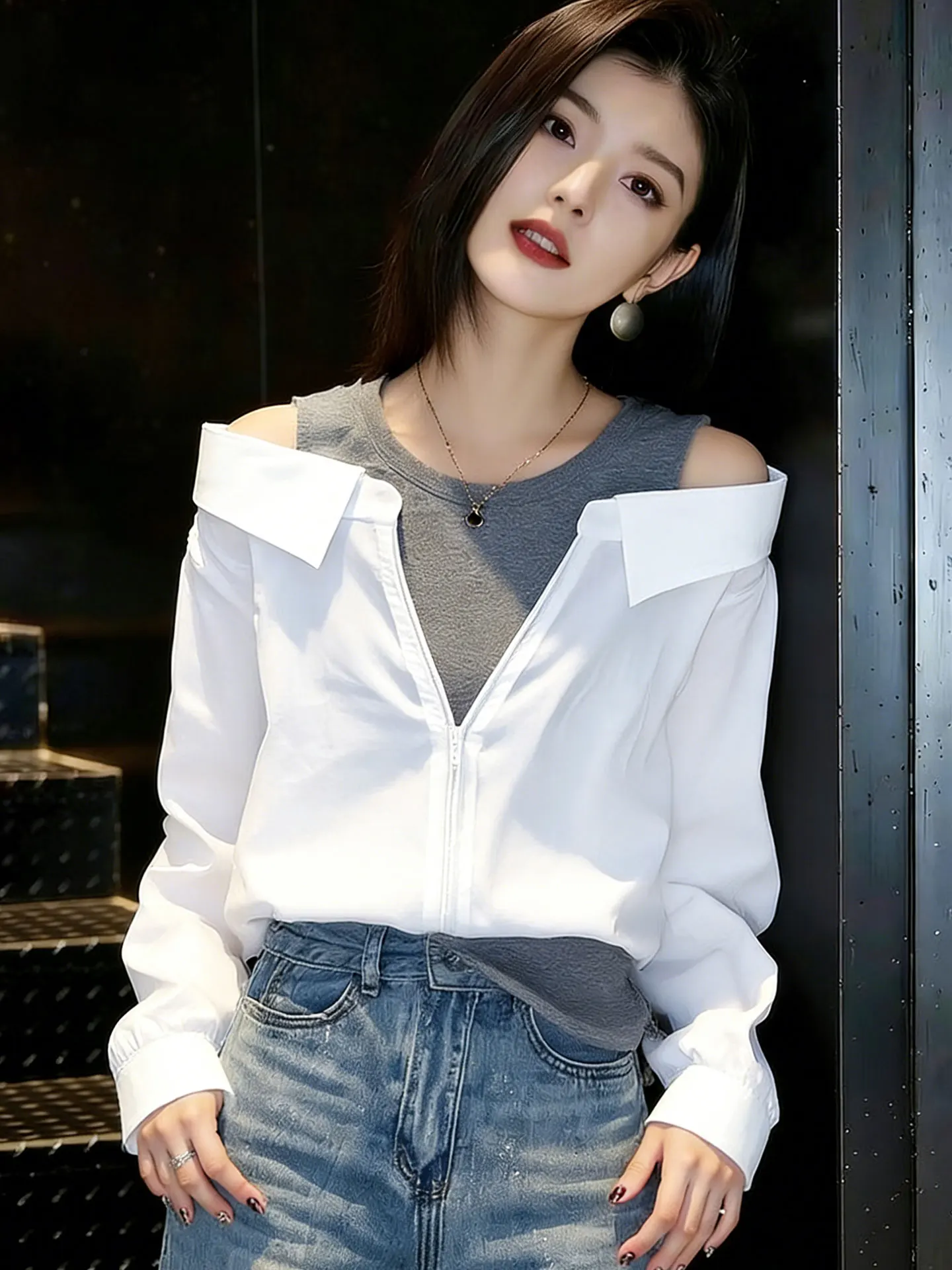 

Модный корейский шелковый топ с длинным рукавом и цветными блоками, прямого кроя, для повседневной носки, трендовый шик, весенняя верхняя одежда