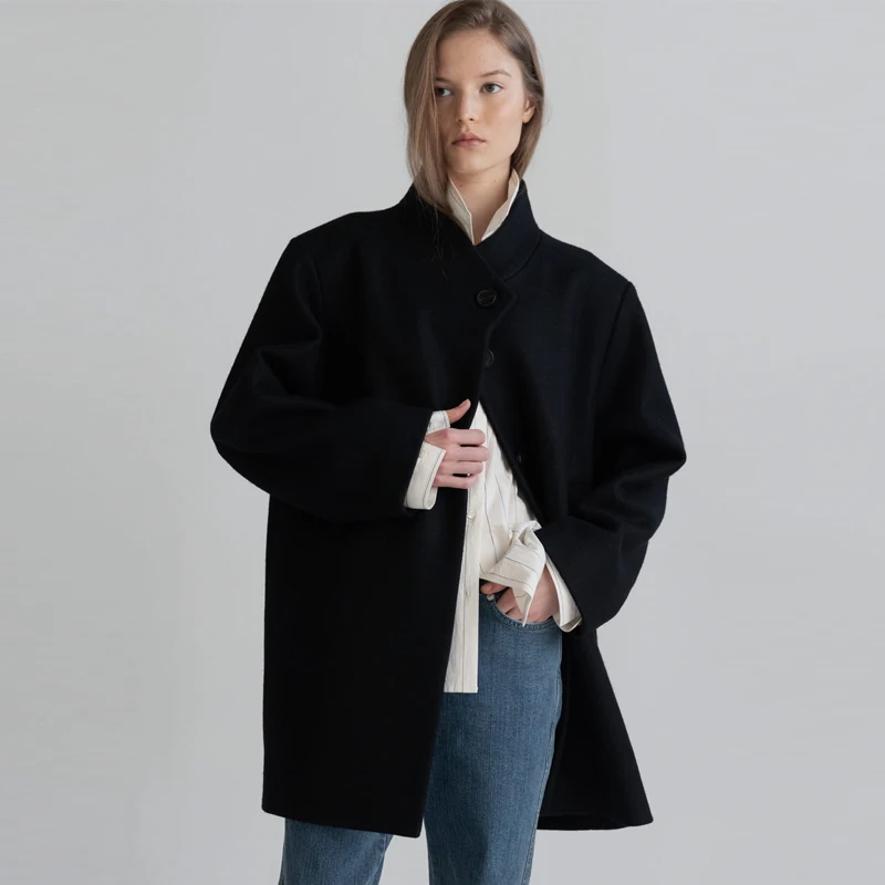 Moondal Damski Wełniany Płaszcz Prosty, Średni Długości, Odzież Wierzchnia, Wiosenna Nowość, Koreański Styl, Dopasowany Krój, Długi Płaszcz