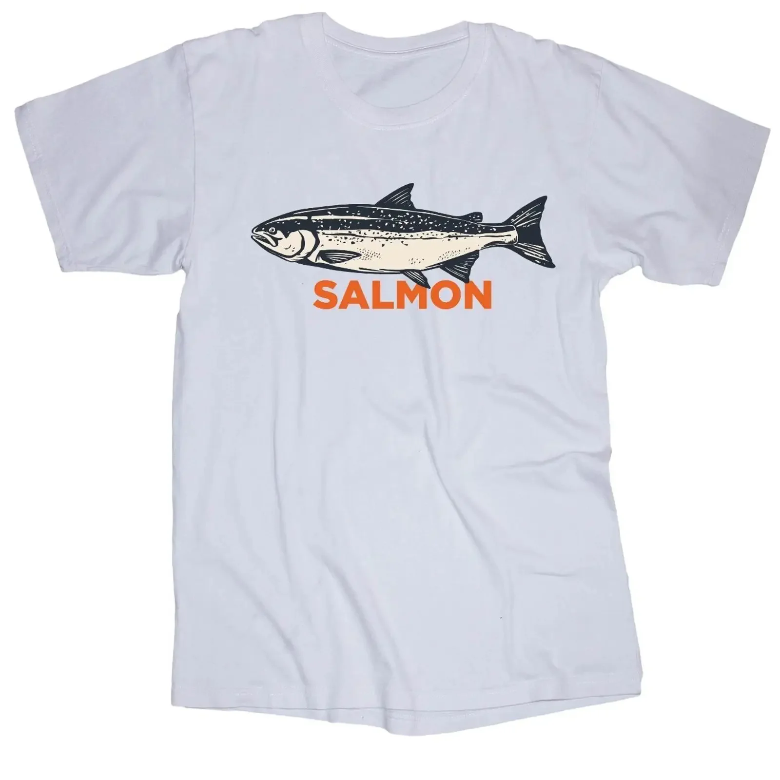 SALMON fish white T shirt Alaska Mountains Outdoors Fishing River Boating vintage Washed Stylish Stretched