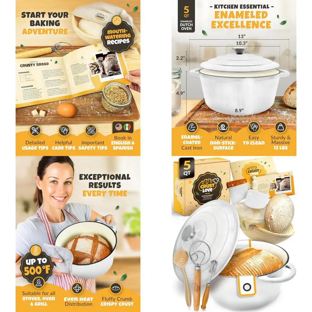 

Cast Iron Dutch Oven for Bread Baking - Including Sourdough, Banneton, Bread Proofing Basket, 5 Qt Enamel Bread Oven with Lid, B