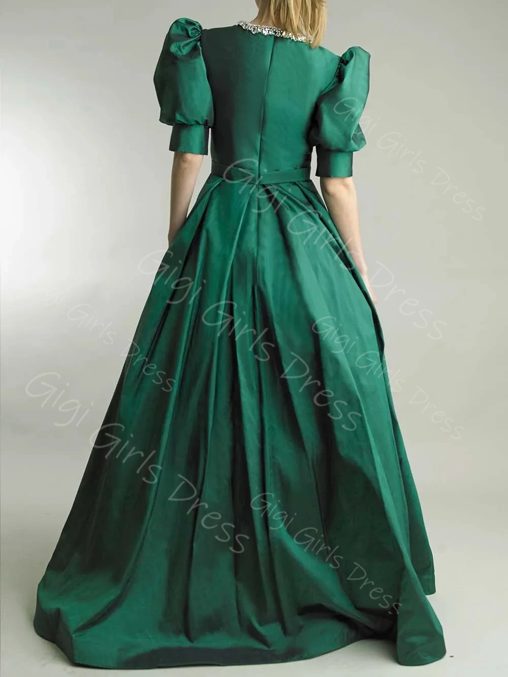 

Изумрудно-зеленое женское вечернее платье с жемчугом и бисером, пышное платье с половиной рукавов, платье для выпускного вечера с поясом, вечернее платье из тафты трапециевидной формы на заказ