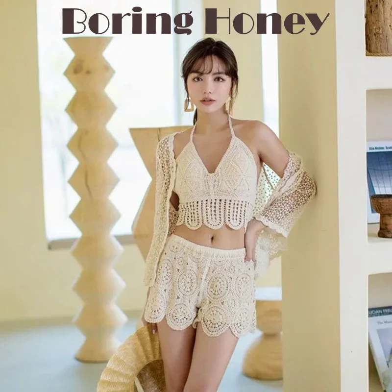 

Boring Honey Summer New Three-Piece Split Knit Belly-Covering Slimming Bathing Suit Hot Springs Beaches Female Korea Fashion Top