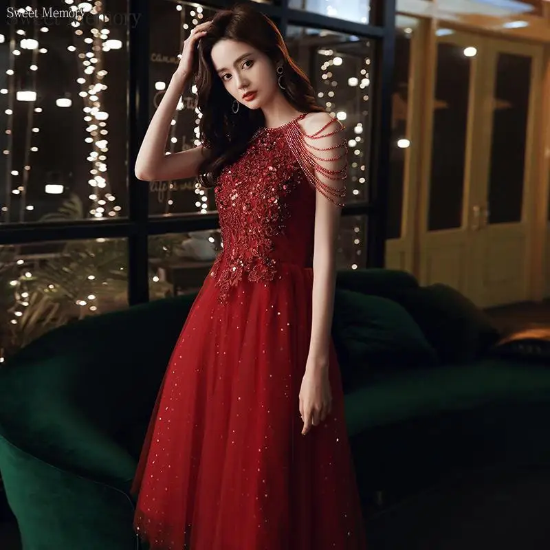 A157 Sweet Memory Princess Halter Beads Sequins Tulle Evening Dresses Bridesmaid Banquet Party Robe Ball Prom Dress Women Gown