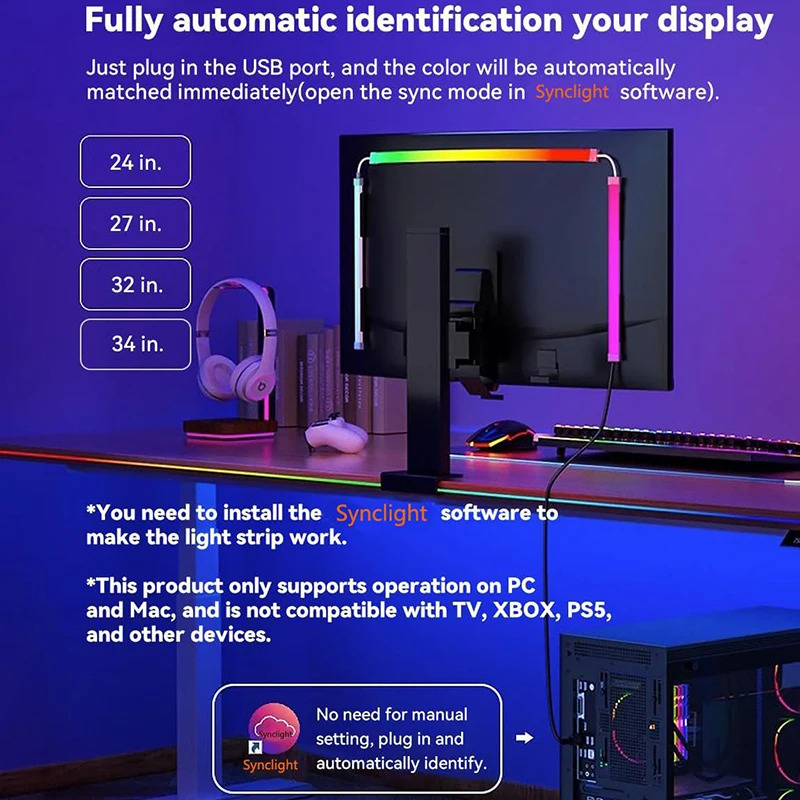Smart Gaming Computer Monitor Screen SYNC Light Strip PC Backlight RGBIC Neon Lamp with Software Control Music SYNC Color Picker
