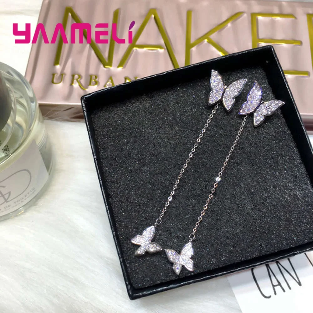Exquisite 925 Sterling Silver Butterfly Cubic Zircon Crystal Thread Drop Earrings for Women Girls Anniversary Party Jewelry Gift