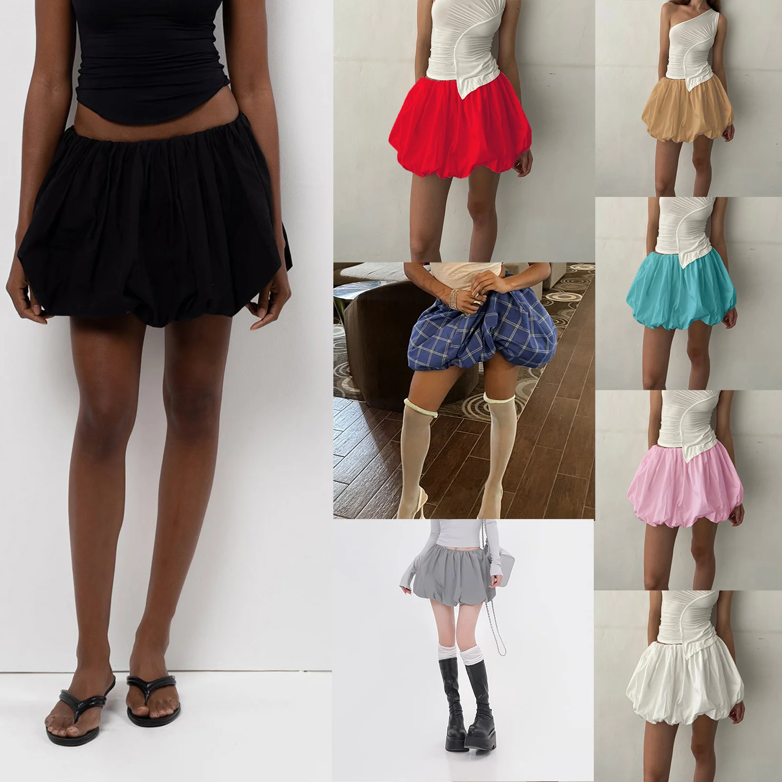 Summer Mini Skirt for Women Casual Loose Fitting Elastic Waist Solid Color Short Puffball Skirt