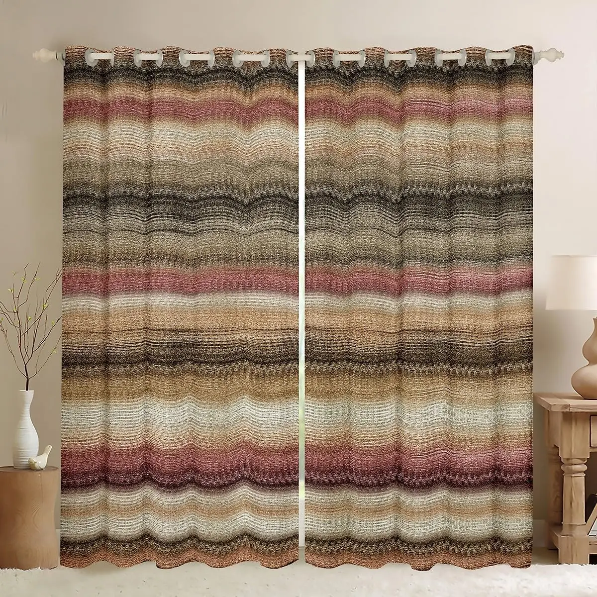 Polyester Striped Curtain Panels for Living Room Bedroom Home Decor Thermal Window Drapes Boho Rust Beige Set Pair Curtains Poly