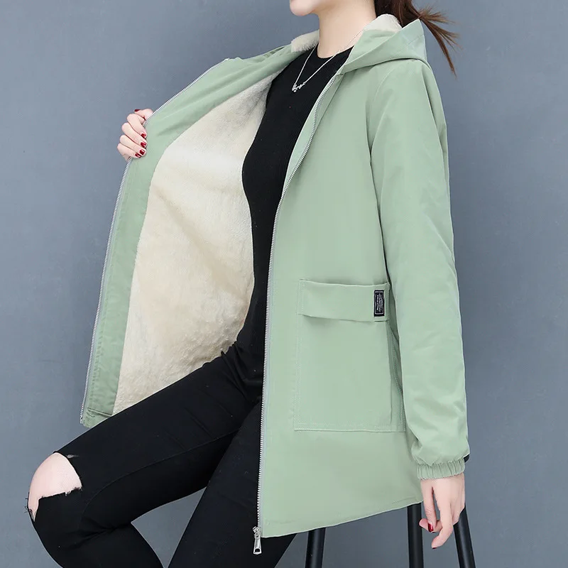 2023 Autumn Winter New Thick Warm Lamb Wool Cotton-padded Coat Women\'s Mid-length All-fit Loose Hooded Female Blouse