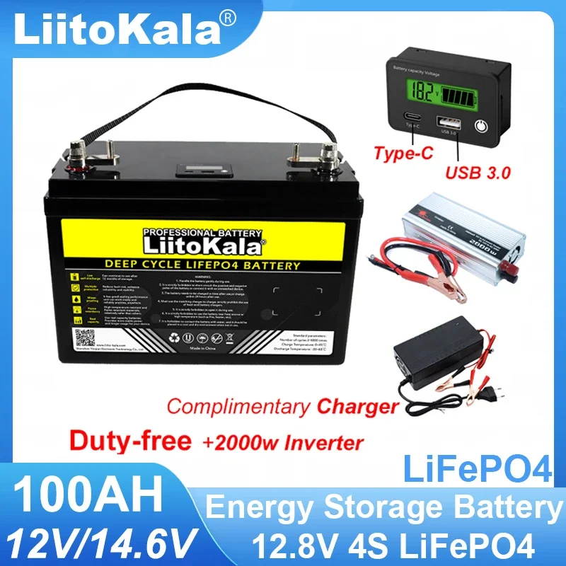 LiitoKala 12V/12.8v 180ah 160ah 100ah LiFePO4 Battery outdoors Touring car Multifunctional Type-C 2000w 220v Inverter Charger