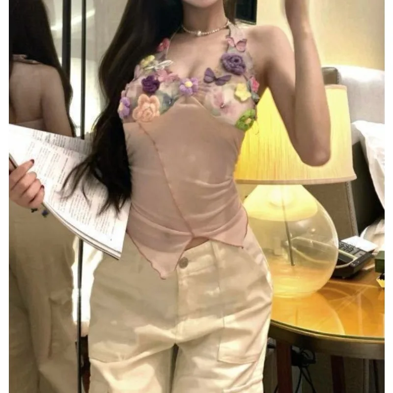 2026 Spice Girl Slim Pink Heavy Industry Three-dimensional Flower Neck Vest Fashion Thousand Gold Wind Suspender Short Top