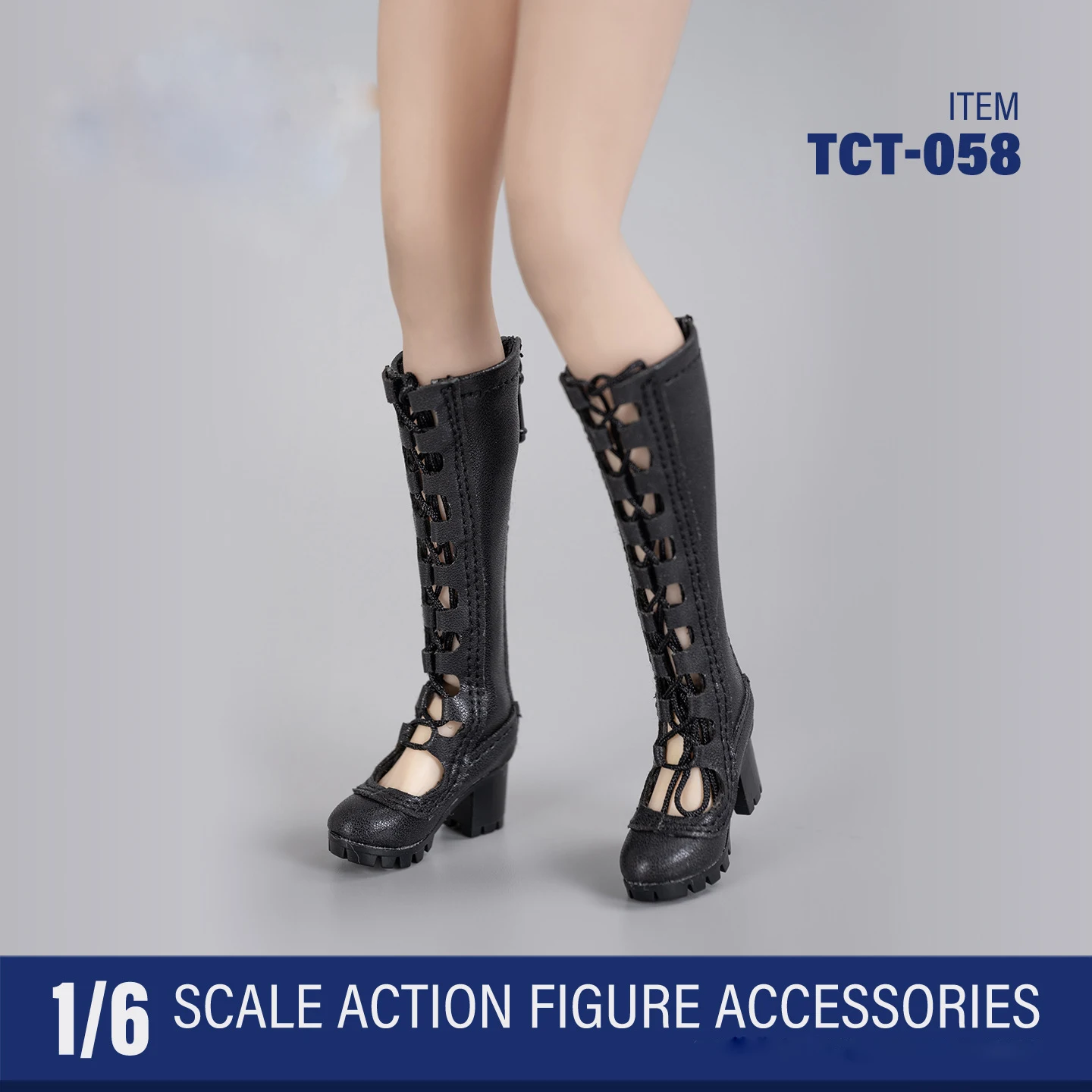 1/6 Female Knee-high Boots Zipper Openwork Mesh Boots Heel-Lifting Sandals Action Figure Doll Shoes For 12'' Soldier Doll Parts