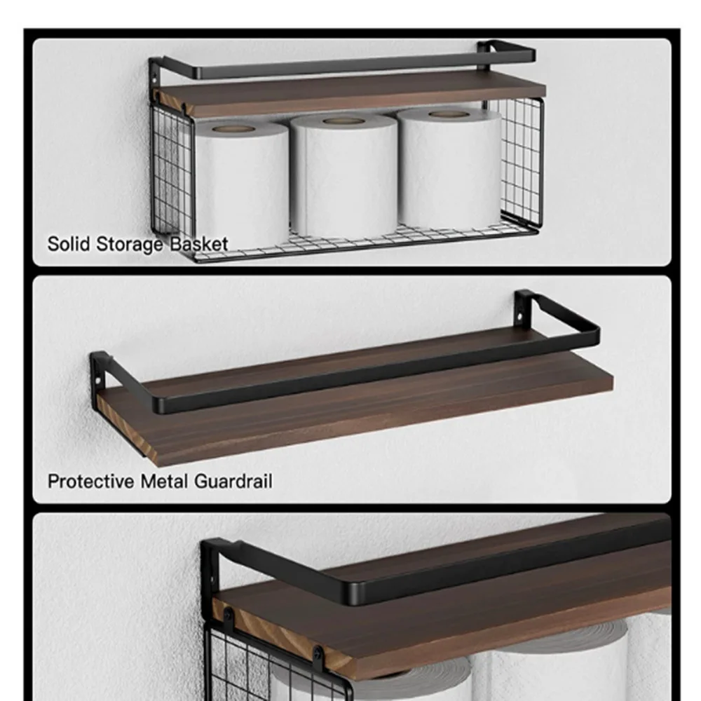 Double Layer Bathroom Rack Wall-Mounted Floating Shelf with Storage Basket Wooden Shelf Metal Bracket Storage Shelf Shelves