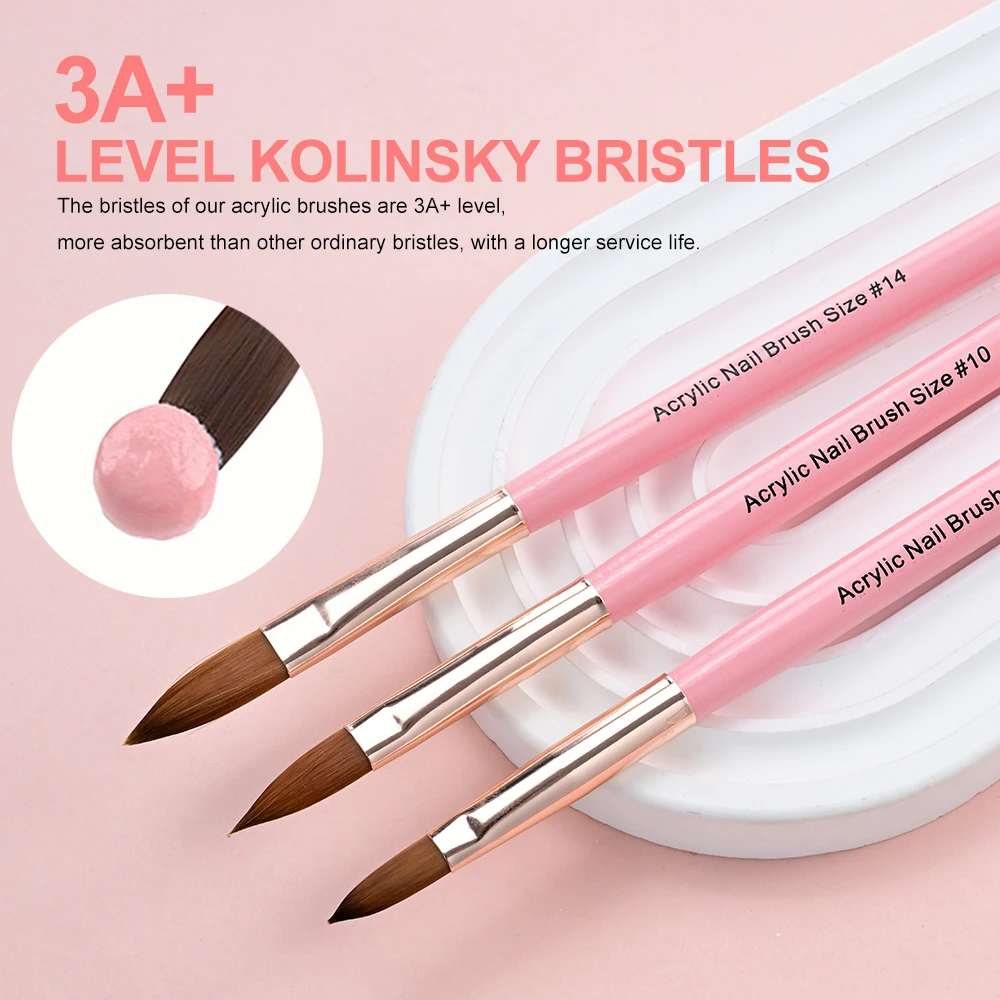 3Pcs/Set Acrylic Nail Art Brushes 8/10/14mm Pink Wooden Rod Crystal Pen For Acrylic Powder Extension&Carving Manicure Salon Tool