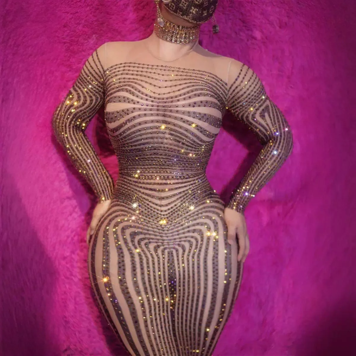

New bar night party sexy mesh hot diamond hollow perspective slim skirt stage performance clothes ysy