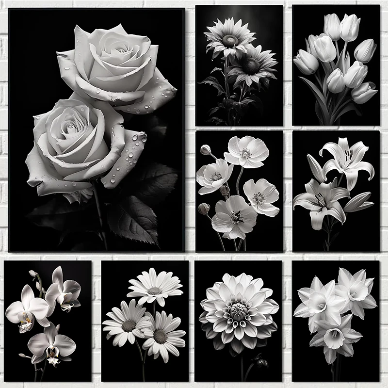 Pósteres modernos de flores en blanco y negro, pintura abstracta en lienzo de rosas, imágenes impresas, imágenes artísticas