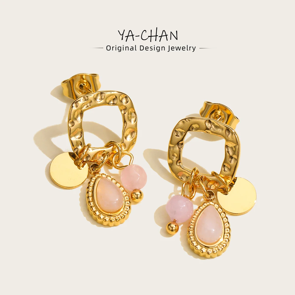 YACHAN 18K Gold Plated Stainless Steel Natural Stone Drop Earrings for Women Chic Cute Pink Charms Tarnish Free Jewelry