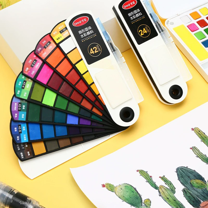 Professional Solid Watercolor Pigment Foldable Travel Water Color Pigment Water Brush Pen Art Specific Fan Shaped Painting Tools