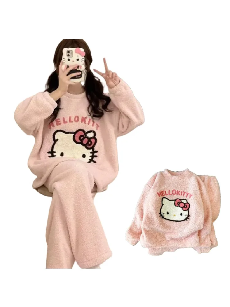 Hello Kitty Kawaii doux girly automne et hiver épaissi flanelle à manches longues vêtements de maison étudiant dortoir pyjamas ensemble cadeau