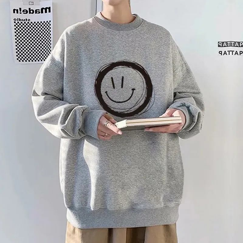 Smiling Face Printed Casual Round Neck Top, Trendy Casual Men's and Women's Spring and Autumn Sets, Head and Bathroom Clothes