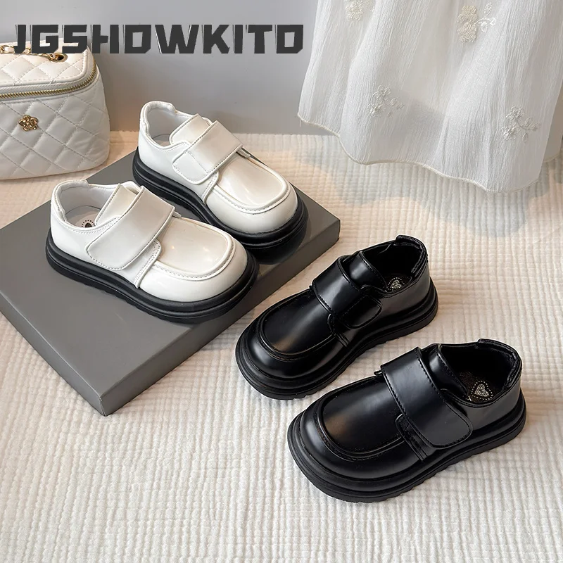 JGSHOWKITO Kids Casual Leather Shoes for Boys Girls Fashion Black Classic Party Wedding Flat Shoes British Style Hook & Loop New