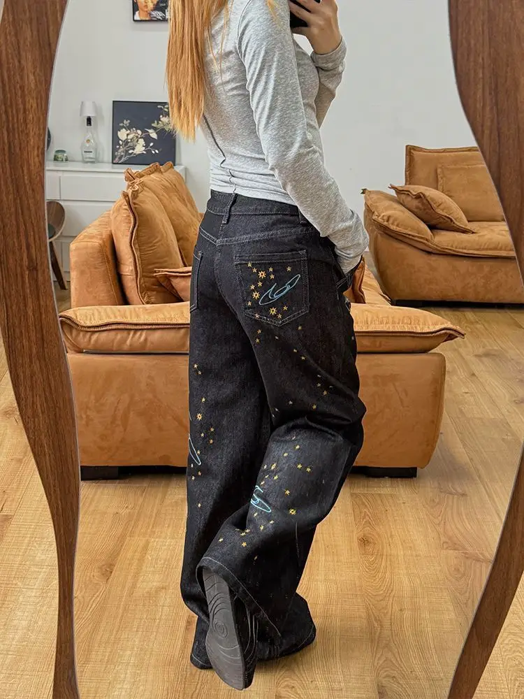 

Женские черные готические джинсы Y2k, мешковатые эстетические винтажные брюки 90-х годов, уличная одежда в стиле Харадзюку, тройные джинсовые брюки 2000-х годов, одежда