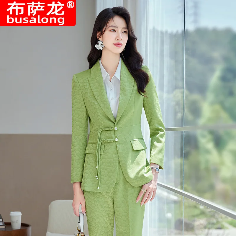 Green Wide-Leg Pants Suit Women's Advanced Sense of Diligence Autumn2024New Temperament Leisure Long Sleeve Suit