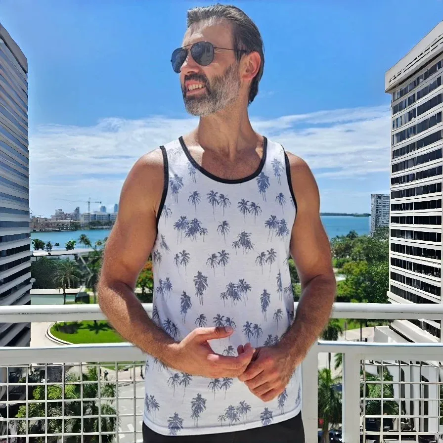 Men's Summer Printed Beach Sports Tank Top Breathable Loose Sleeveless Trendy T-Shirt Polyester Elastic Fiber Standard Fit