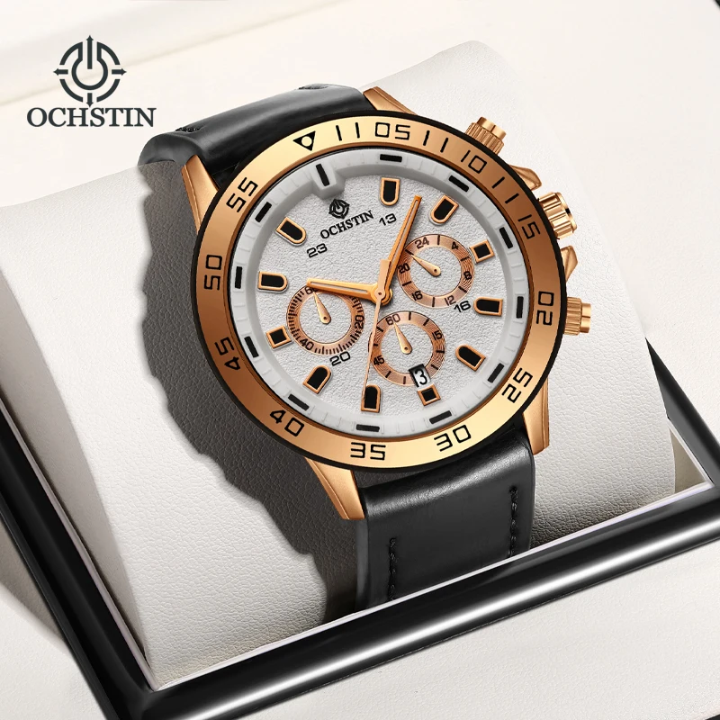 OCHSTIN Man Classic Wide Leather Strap Pilot Quartz Watch Men's Rugged Wear-resistant Crystal Fashion Calendar Wristwatch
