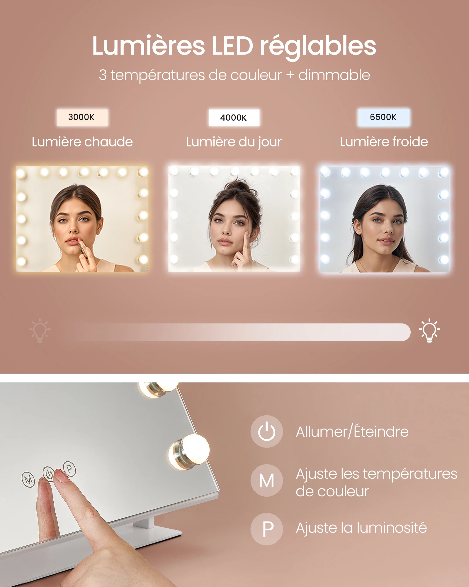 مرآة زينة، 15 لمبة LED، منفذ شحن، مرآة مكبرة قابلة للفصل، 3 درجات حرارة ألوان، 58 × 43 سم، أبيض غير لامع