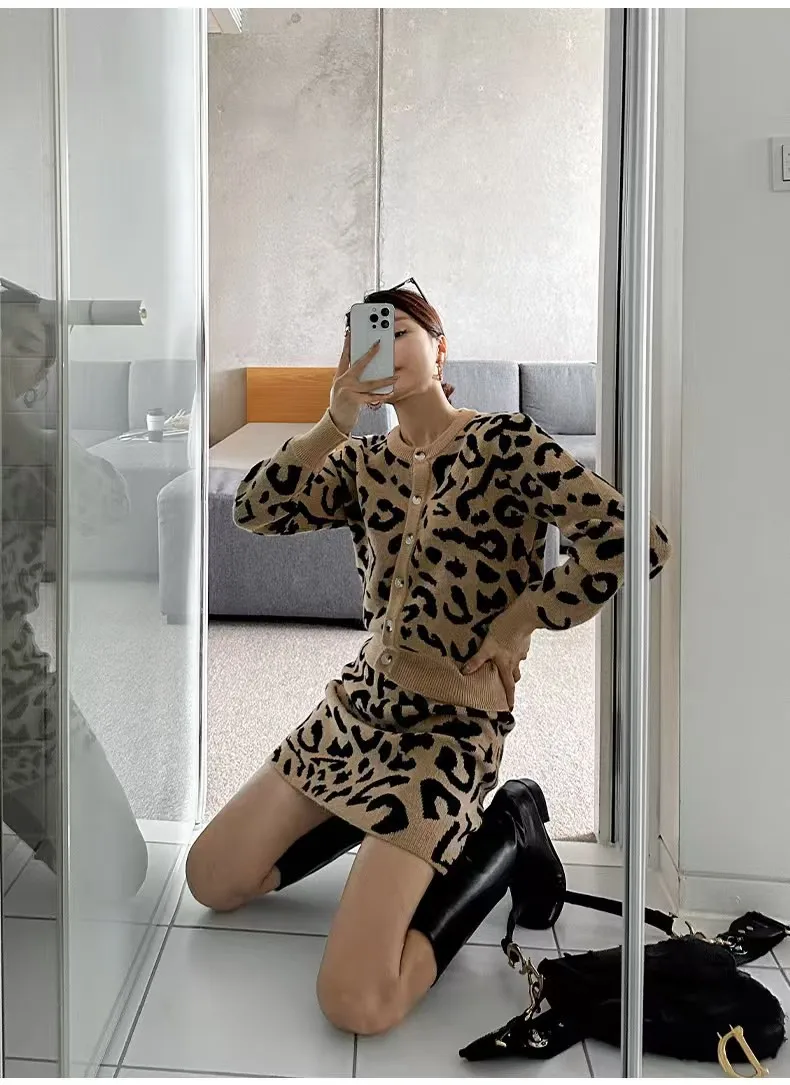 ผู้หญิงฤดูใบไม้ร่วงVINTAGE Leopardพิมพ์ถักชุดSingle-Breastedเสื้อสเวตเตอร์ถัก + เอวยางยืดกระโปรงดินสอ 2 ชิ้นชุด