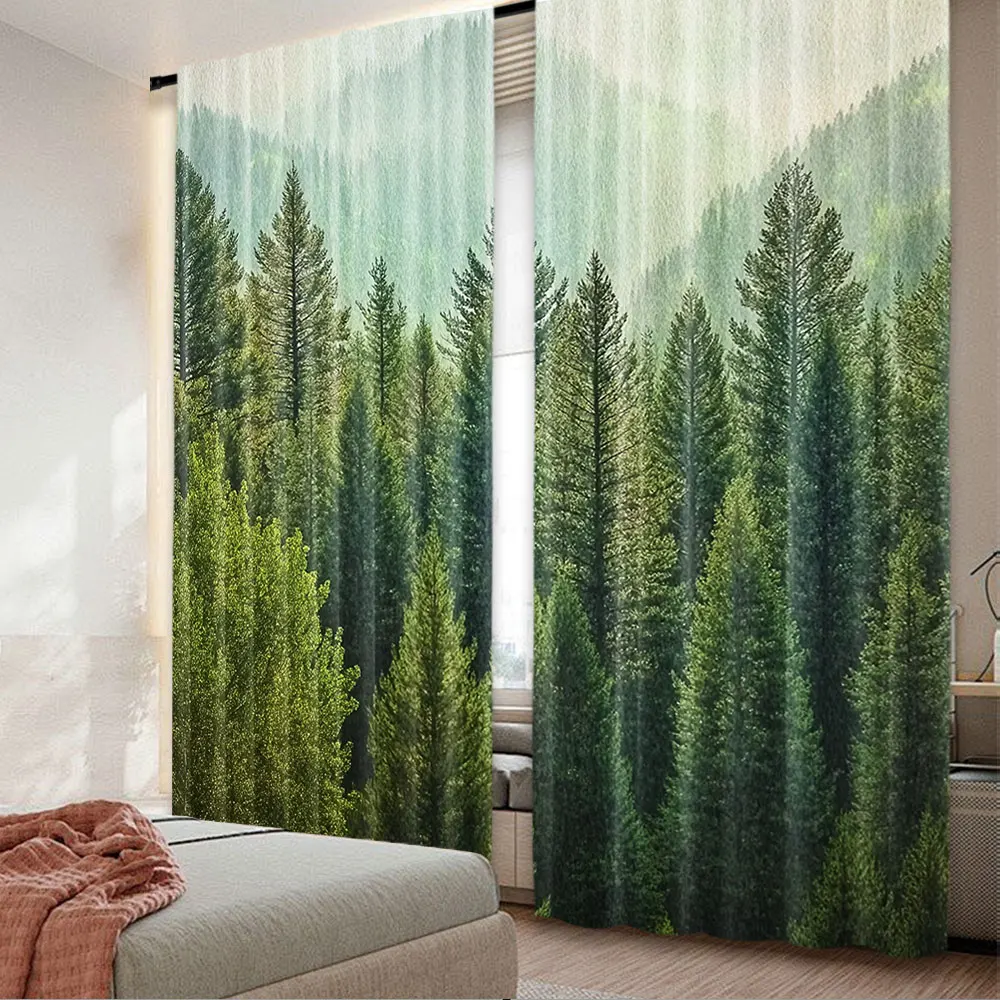 2Pcs Nature Curtain Forest Pine Tree Tops Refreshing Eco Woodland Wilderness Mountainside Landscape Suitable For Living Room