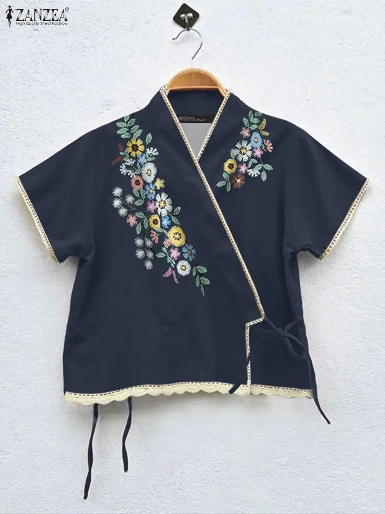 ZANZEA Casual Floral Print Lace Trim Women Blouses 2025 Summer Wrapped V-Neck Short Sleeve Lace-Up Front Blouse for Woman S-3XL