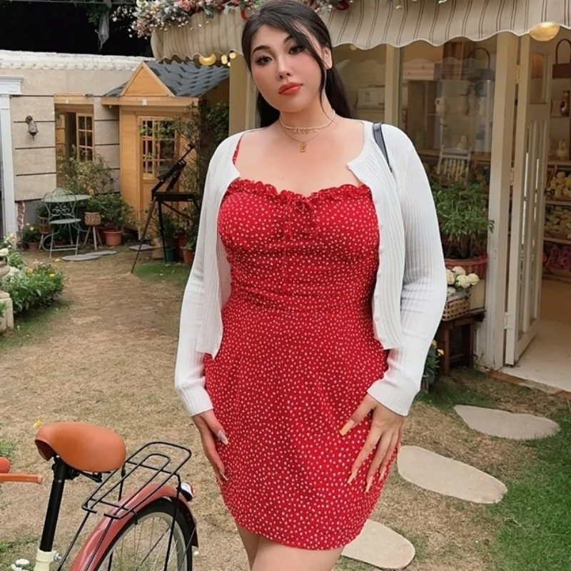 

Large Size Women's Clothing Spicy Girl Sexy Red Heart Polka Dot Suspender Dress Knitted Cardigan Two-piece Set Y2k Clothes