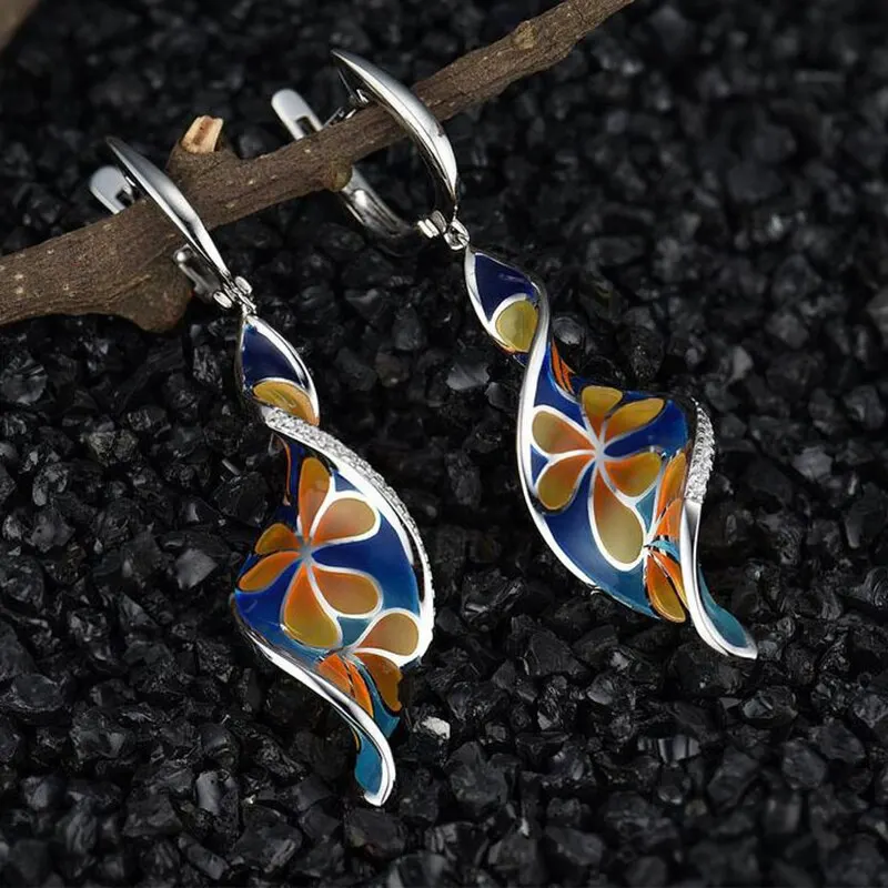 Vintage Silver Color Metal Inlaid Cubic Zirconia Earrings Ethnic Painted Flower Enamel Dangle Earrings for Women Jewelry