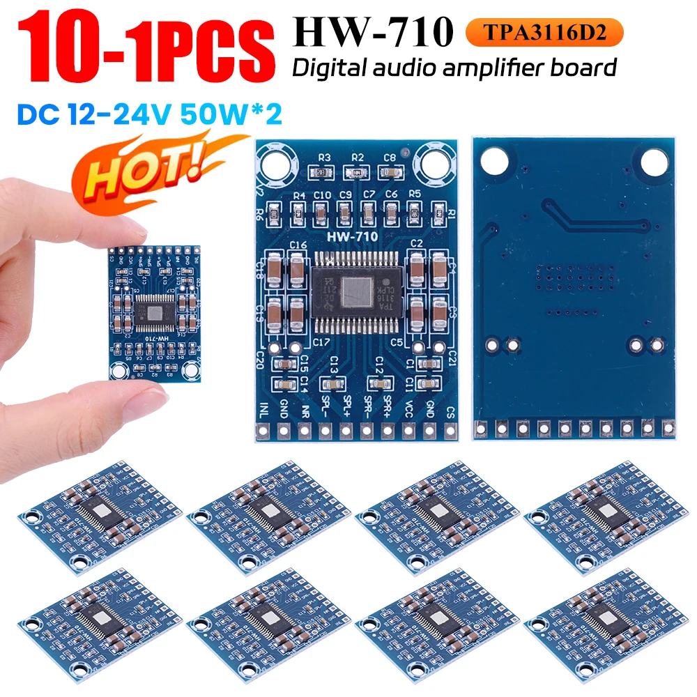 HW-710 TPA3116D2 Mini Digital Audio Amplifier Board Class D Voice Sound Amplifier Module Two Channels Module DC 12-24V 50W*2