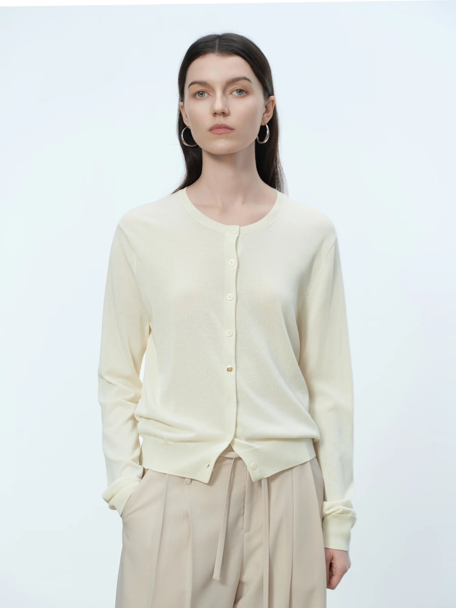 

Acetate Cotton Knitted Cardigan round Ne Women's Basic Sle Spring Summer Breathable Skin-friendly Long Sve