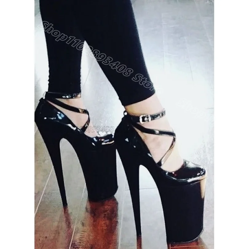 

Black Ankle Buckle Round Toe Pumps Patent Leather Fashion British Style Women Summer Party Dress Sandals Zapatos Para Mujere